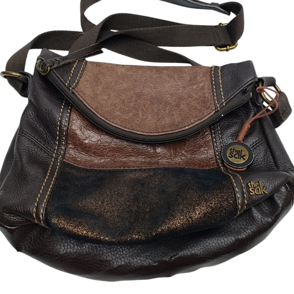 The Sak Deena Leather Crossbody Hobo Bag Foldover Multi Texture Shimmer - Picture 2 of 16